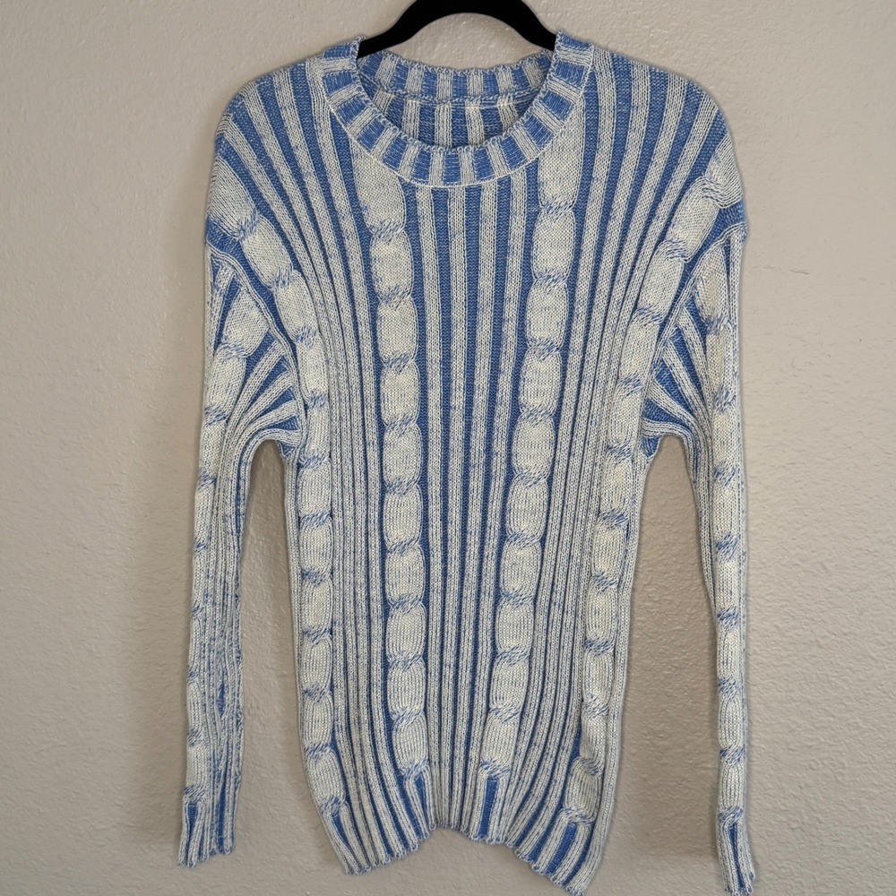 Streetwear Grunge Retro Acid Wash Preppy Mens Large Blue Cable Knit Sweater